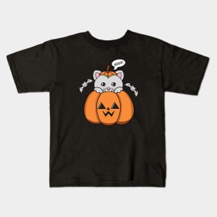 Happy Halloween Cute Cat, Kawaii black cat with pumpkin Kids T-Shirt